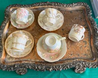 Antique sterling over copper footed tray + antique teacups