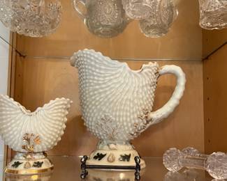 Northwood "Argonaut" custard glass pitcher and sugar