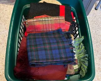 Basket of mostly wool neck scarves - all brands