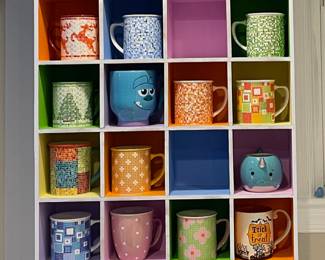 Super cute pastel contact-papered cubby shelf! (Note: most mugs pictured are not for sale, I love them too much!!)