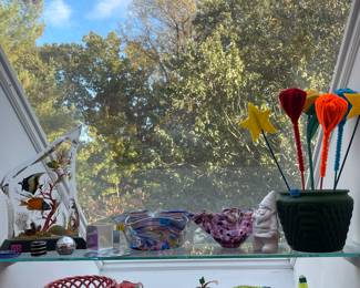Misc. glassware, glass aquarium sculpture, vintage glass bowls, paper weights, a gnome that needs a new home, and more shiny things!!