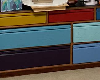 Rainbow painted dresser (main floor)- light once drawers are out