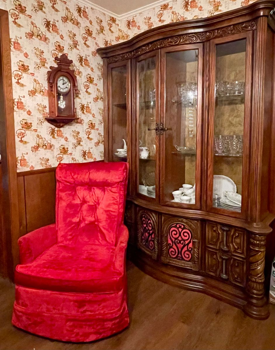 RETRO RED VELOUR ROCKING CHAIR 😍, MCM CHINA CABINET WITH RED VELOUR DOOR INSETS