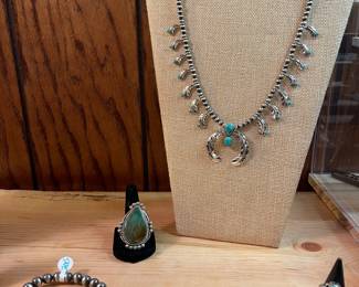 STERLING SILVER AND TURQUOISE FEATHER SQUASH BLOSSOM