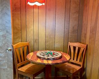 VINTAGE WOOD BISTRO TABLE WITH 2 CHAIRS, RETRO RED SWAG LAMP