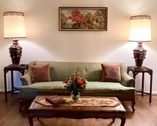 MCM COUCH, VINTAGE LAMPS, COFFEE & END TABLES