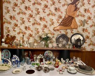 GLASSWARE, SILVERPLATE, DISHES, WOOD JESUS WALL HANGING
