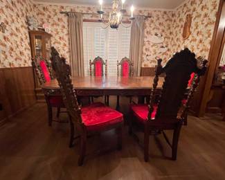 MCM DINING ROOM TABLE AND 6 CHAIRS WITH RED VELOUR SEATS