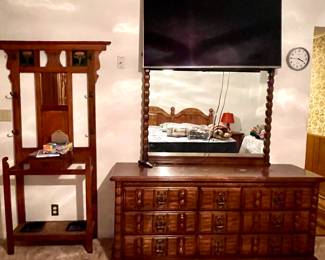 VINTAGE DRESSER, TELEVISION, ANTIQUE HALL TREE