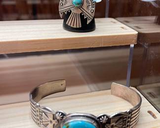 STERLING SILVER TURQUOISE THUNDERBIRD RING AND BRACELET