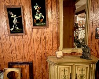 MCM ENTRANCE TABLE AND MIRROR, VINTAGE MEXICO PAINTINGS ON VELVET, MCM BRASS BIRD FIGURINE