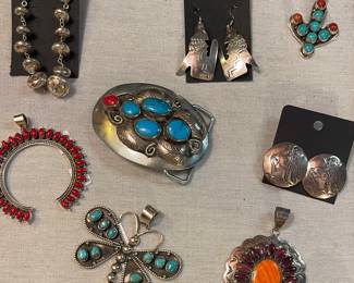 STERLING SILVER AND TURQUOISE JEWELRY,  CORAL AND SPINY OYSTER JEWELRY