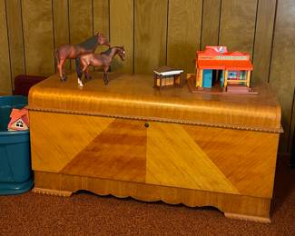 ANTIQUE CHEST, VINTAGE FISHER PRICE WESTERN TOWN