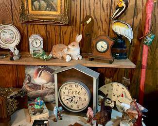 VINTAGE TOY LEATHER HOLSTER, CLOCKS, BIRD FIGURINES