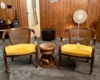 MCM CANE BACK CHAIRS, CARVED WOOD ELEPHANT STOOL