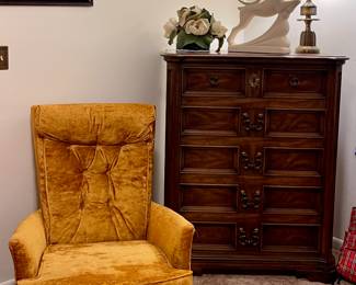 MCM MUSTARD YELLOW VELOUR ROCKING CHAIR, VINTAGE CHEST OF DRAWERS, MCM RAM STATUE