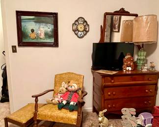 ANTIQUE DRESSER, MCM LAMP, EASTER DECOR, VINTAGE ROCKING CHAIR WITH OTTOMAN