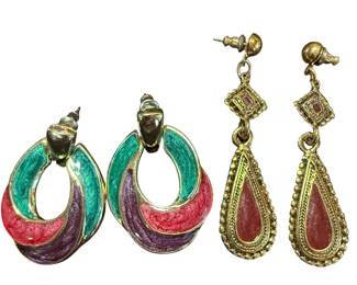 Two Pair Gold Tone Enamel Earrings 