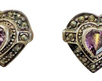925 Silver Amethyst Marcasite Earrings 