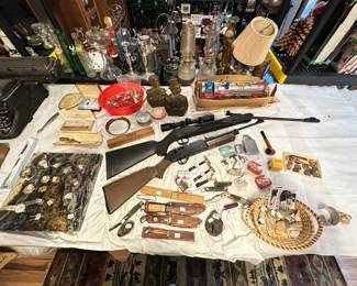 Pellet Guns, Antique Knives, Vintage Wristwatches, Antique Lighters, Arrowheads, Vintage Baseball Cards, Vintage Camel Tobacco Products, Vintage Bell Clanger Train, Sterling Silver and Glass Tray, Antique Grooming Accessories