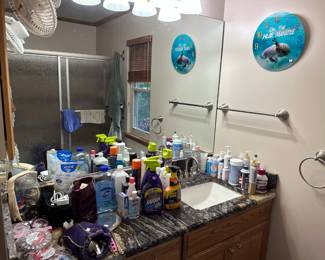 Cleaning Supplies, Clock, Toiletries
