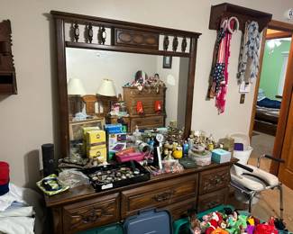 Vintage Jewelry, Ornate Dresser with Mirror, Scarves