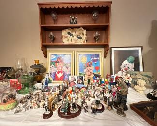 Assorted Clown Decor, Clown Statues, Clown Snowglobe, Clown Figurines, Clown Mug, Clown Plate - Red Skelton, Emmett Kelly/Weary Willie, Emmett Kelly Signed Photos,