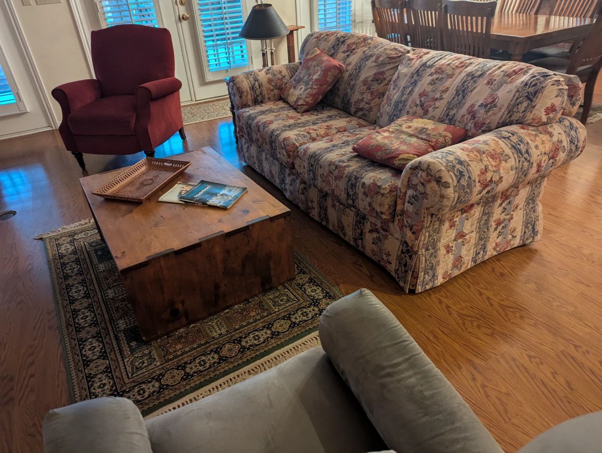 Sofa, coffee table, rug, recliners