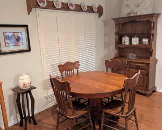 Kitchen table and chairs, kitchen hutch, dishes, cookie jar