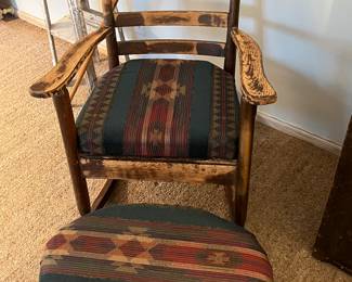 Unusual wooden rocker with wool upholstery seat and matching ottoman