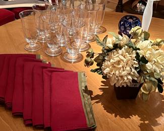 Crystal wine glass sets, cloth/linen napkins, floral arrangements too 