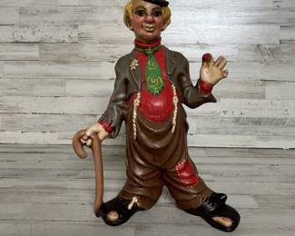 Vintage Hobo Clown Figurine with Cane Hand-Painted Cast Plaster Sculpture