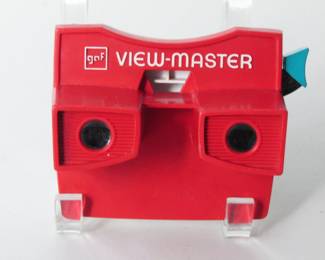 Closer look at 1970s View-Master viewer, known as the bicentennial model because it is red, white, and, blue.