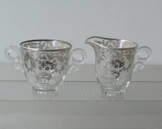 Silver overlay sugar bowl and cream pitcher