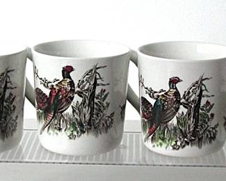 Four Johnson Bros. mugs with pheasant design.
