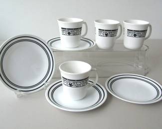 Corelle set of four mugs and four small plates. Married patterns: cups are Winding Gate pattern, only produced 1998-1999; plates are Classic Cafe Black pattern, produced 2006-2015.