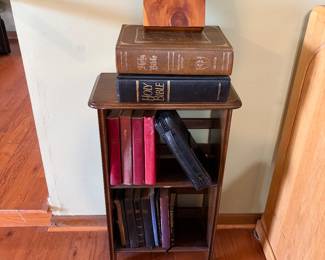 Vintage 1970s large Table Bible books and other Bibles. Wood shelf sold separately