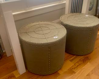 White console table or desk & two burlap/nailhead stools