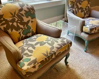 Pair of matching floral print chairs 