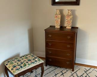 Upstairs Hallway
Petite dresser
Needlepoint stool
Vases
Ogee Mirror