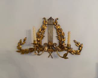 Pair - Vintage French style Lyre & Laurel gilt metal twin light wall sconces 
