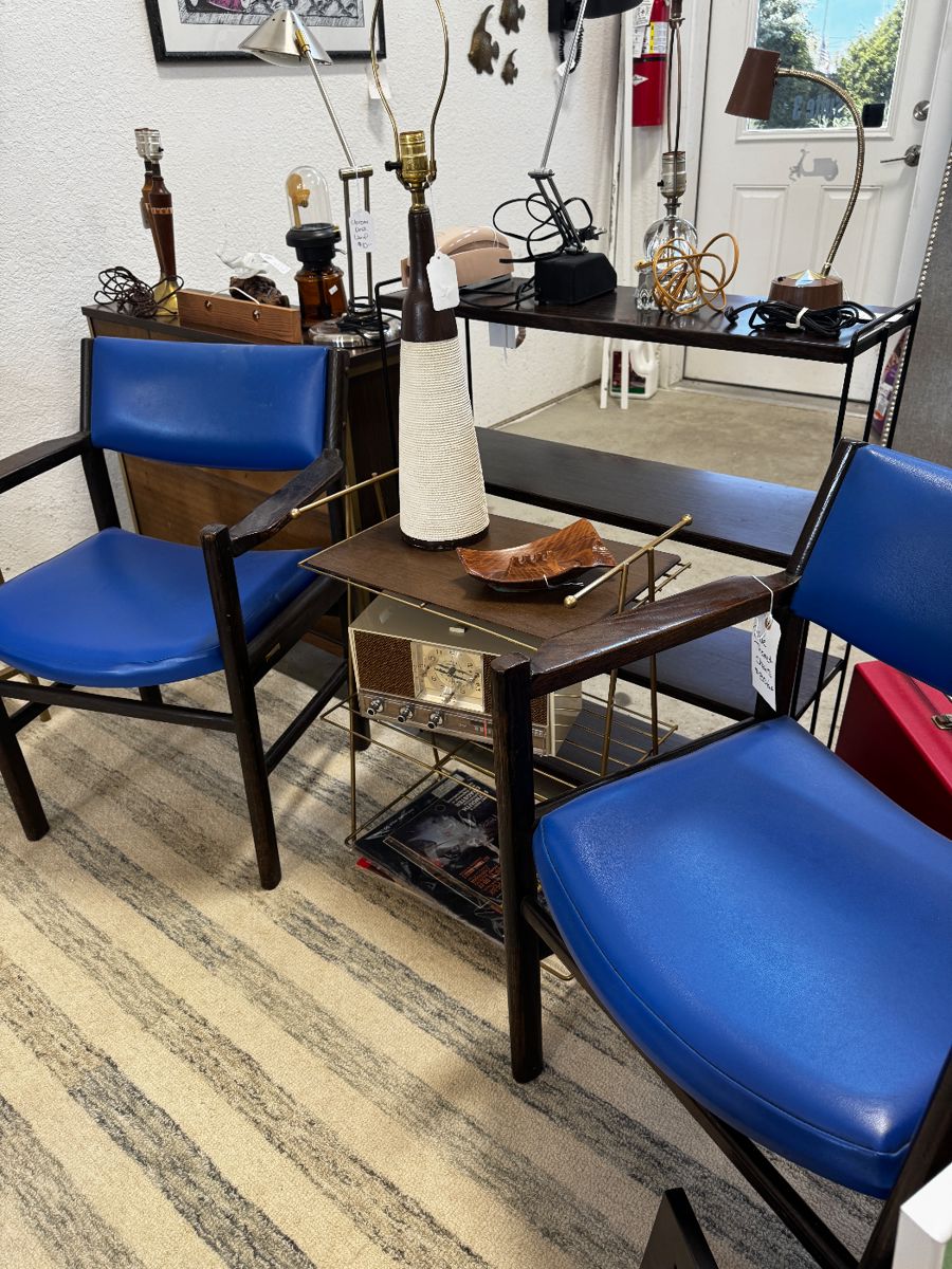 Thoney Chairs, Brass Plant Stand, MCM Bookcases