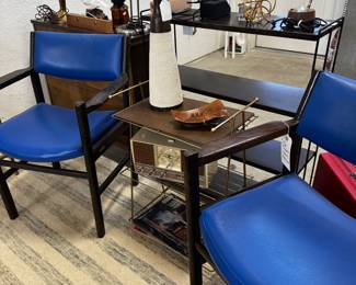 Thoney Chairs, Brass Plant Stand, MCM Bookcases