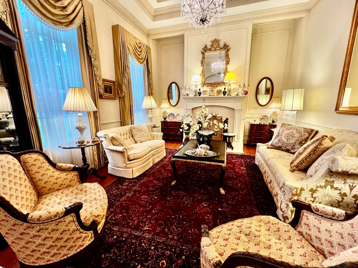 Vintage Rose Medallion Lamps, Porcelain plates, cups, saucers, tea sets, Needlepoint Down, Pillows, Silk Damask Camel Back Sofa, Tufted Settee, Glass cut lamps, Pair of 20th Century William and Mary -Style Burlwood Veneer - 3 Drawer Serpentine Fronted Case