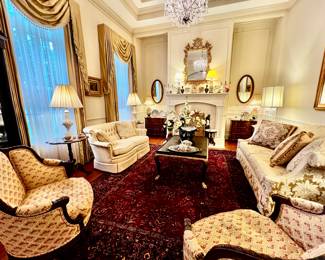 Vintage Rose Medallion Lamps, Porcelain plates, cups, saucers, tea sets, Needlepoint Down, Pillows, Silk Damask Camel Back Sofa, Tufted Settee, Glass cut lamps, Pair of 20th Century William and Mary -Style Burlwood Veneer - 3 Drawer Serpentine Fronted Case