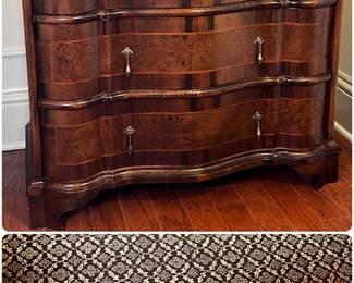One of Pair of 20th Century Chests that are William & Mary Style, Burlwood Veneer, three drawers with a Serpentine Fronted Case