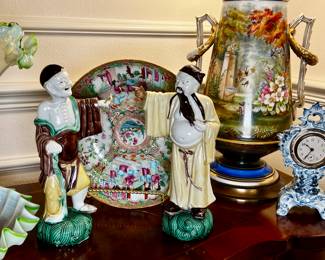 Pair of Vintage Japanese Porcelain Figurines, Delftware Style Mantel Clock