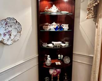 One of Pair of Corner Cabinets - Mahogany Finish, Lit with Glass and Wooden Shelves
