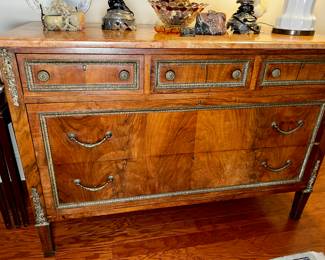20th Century Louis XVI Marble Top and Walnut 5 Drawer Chest of Drawers and Foliate- Cast Brass Mounts