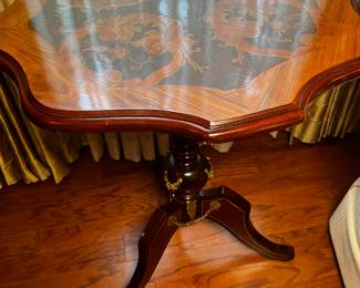 One of Pair of Vintage Marquetry Inlay on Walnut, Brass Foliate Swag Mounts to Angular Tripod Bases